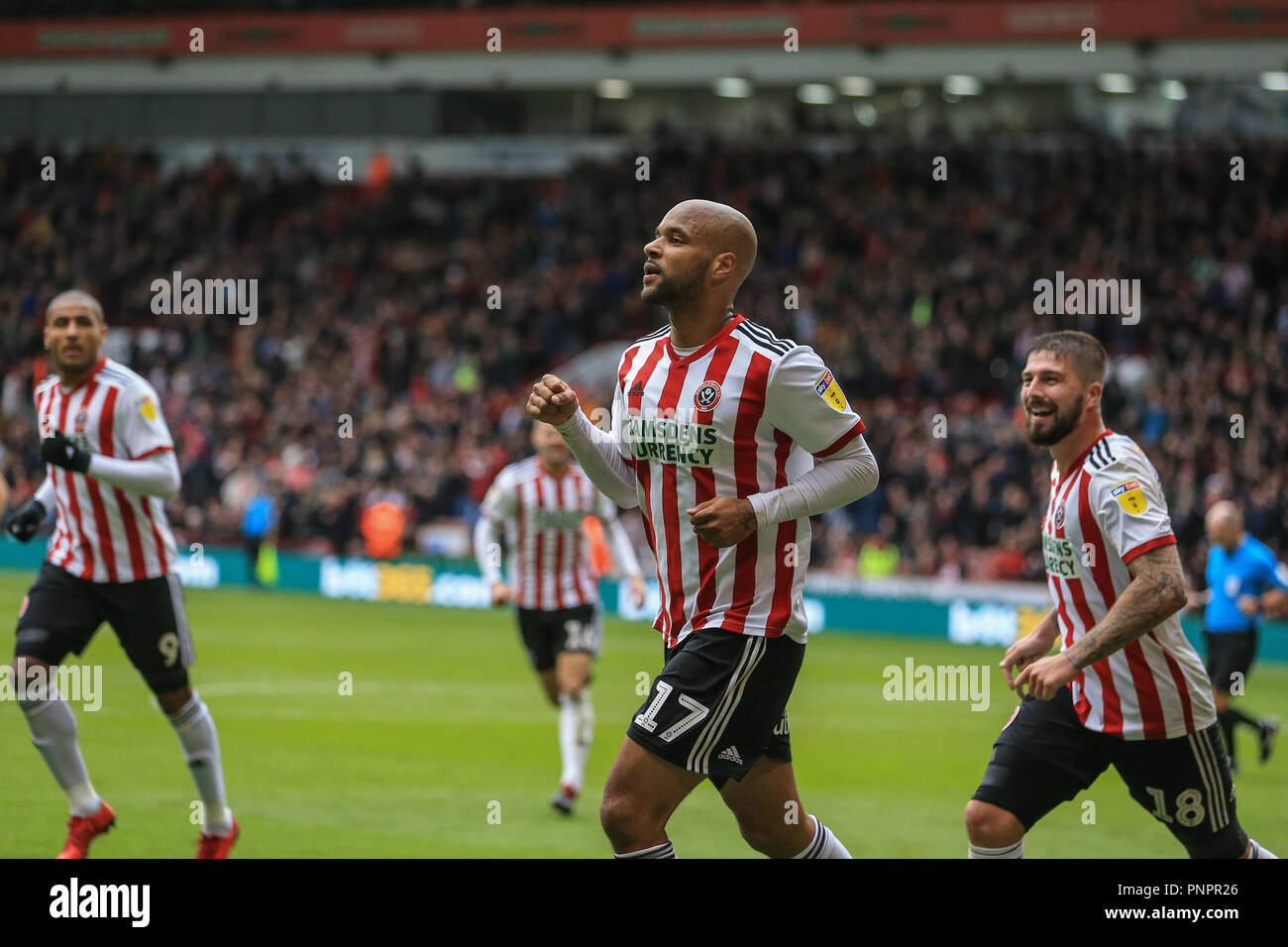 22nd September 2018, Bramall Lane, Sheffield, England; Sky Bet Championship Sheffield United v Preston North End ; David McGoldrick (17) of Sheffield United celebrates his goal to make it 3-2    Credit: Mark Cosgrove/News Images    EDITORIAL USE ONLY No use with unauthorised audio, video, data, fixture lists, club/league logos or 'live' services. Online in-match use limited to 45 images, no video emulation. No use in betting, games or single club/league/player publications and all English Football League images are subject to DataCo Licence Stock Photo