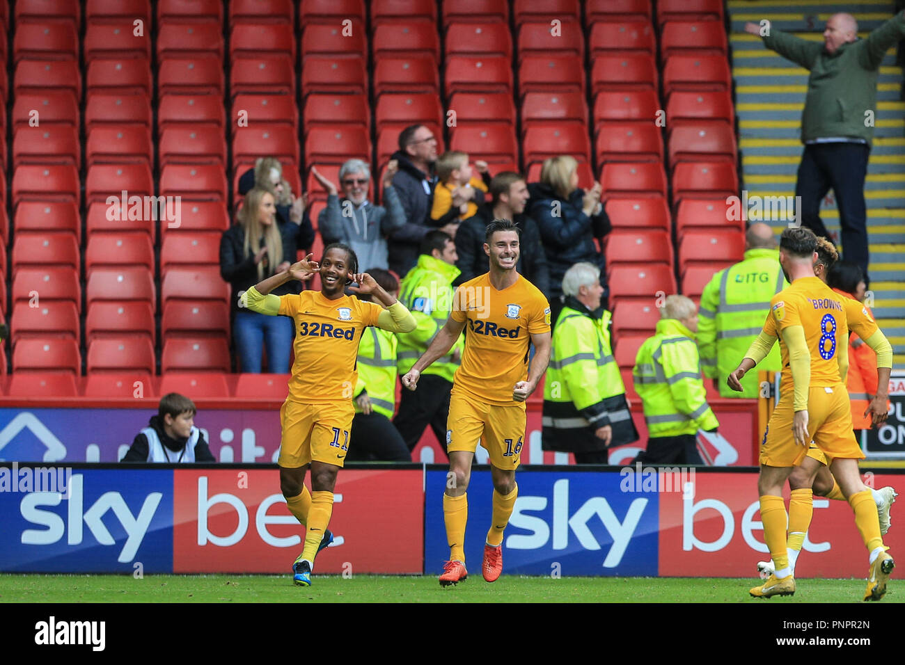22nd September 2018, Bramall Lane, Sheffield, England; Sky Bet Championship Sheffield United v Preston North End ;  Daniel Johnson of Preston celebrates his goal to make it 2-2    Credit: Mark Cosgrove/News Images    EDITORIAL USE ONLY No use with unauthorised audio, video, data, fixture lists, club/league logos or 'live' services. Online in-match use limited to 45 images, no video emulation. No use in betting, games or single club/league/player publications and all English Football League images are subject to DataCo Licence Stock Photo