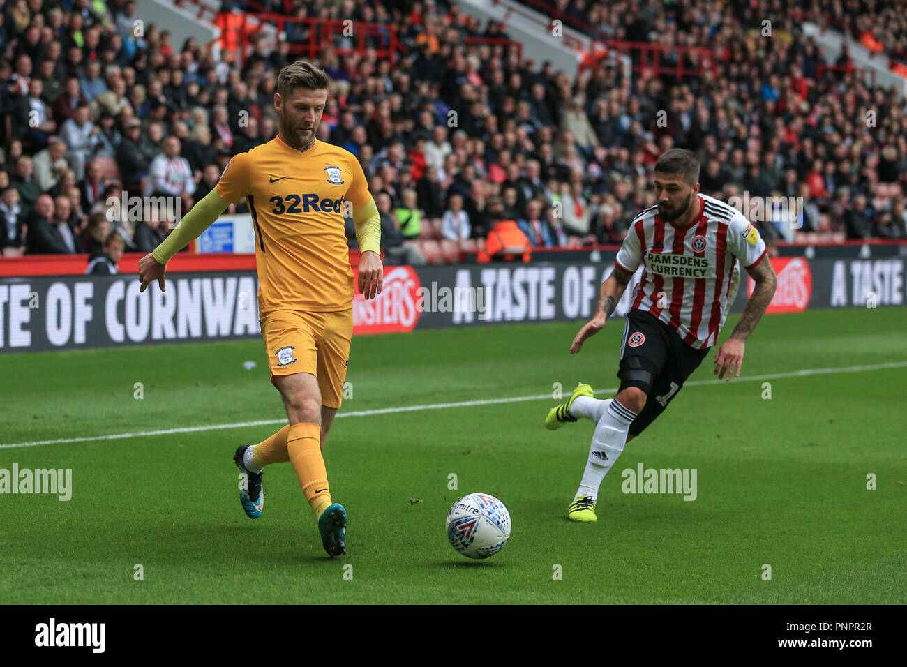 22nd September 2018, Bramall Lane, Sheffield, England; Sky Bet Championship Sheffield United v Preston North End ; Paul Gallagher of Preston clears the ball    Credit: Mark Cosgrove/News Images    EDITORIAL USE ONLY No use with unauthorised audio, video, data, fixture lists, club/league logos or 'live' services. Online in-match use limited to 45 images, no video emulation. No use in betting, games or single club/league/player publications and all English Football League images are subject to DataCo Licence Stock Photo