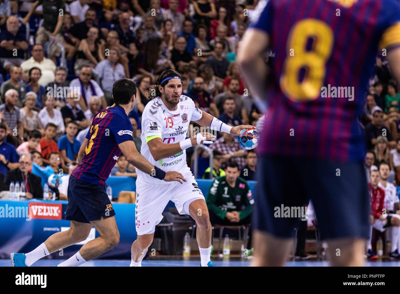 Barcelona, Spain. 22 September 2018. Laszlo Nagy, #19 of MKB Veszprem HC in  actions during VELUX EHF Champions League match between Fc Barcelona Lassa  and MKB Veszprem HC on September 22, 2108