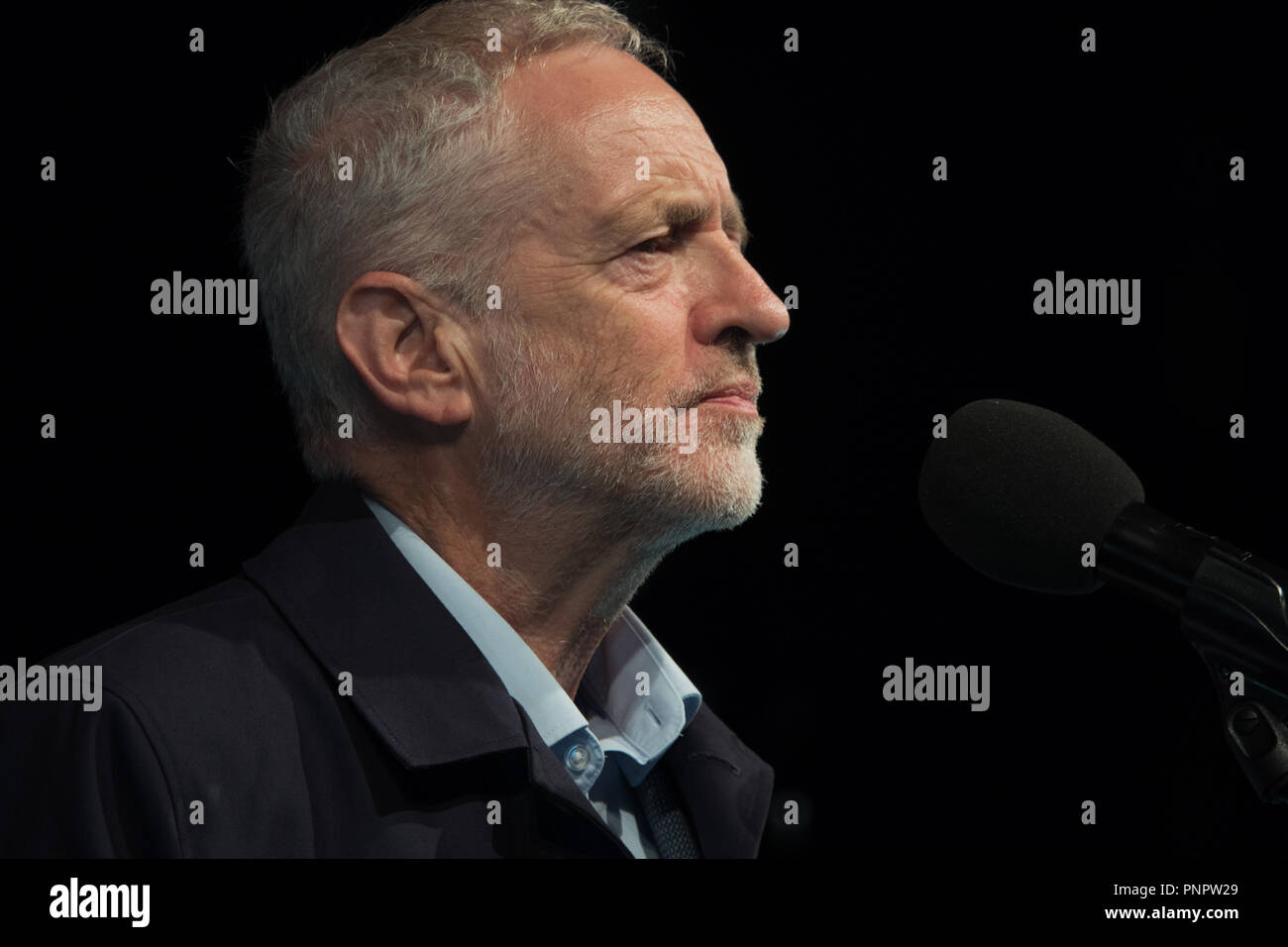 Liverpool, UK. 22nd September 2018. Labour Leader Jeremy Corbyn gives a rousing speech to huge crowds at the Pier Head rally ahead of the Labour Party Conference. Credit: Ken Biggs/Alamy Live News. Stock Photo