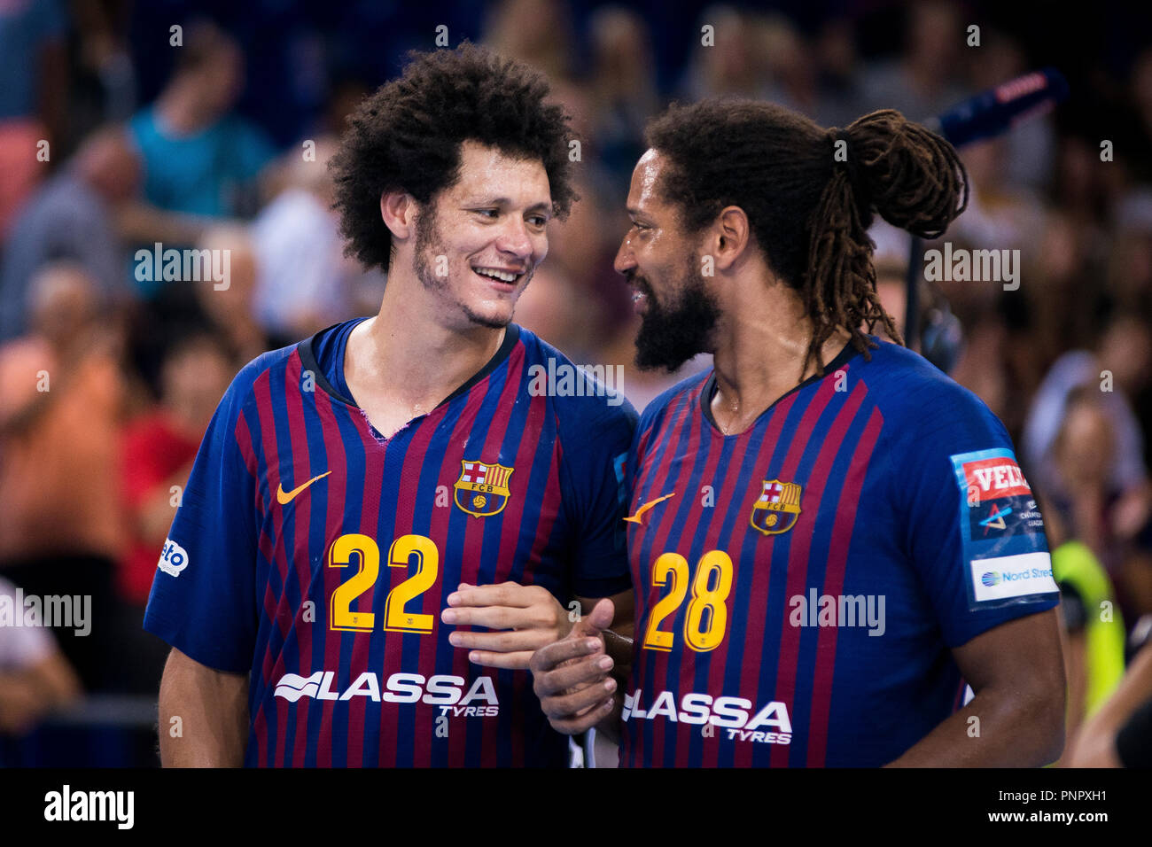 Barcelona, Spain. 22 September 2018. EHF Champions League Velux handball,  FC Barcelona Lassa versus Telekom Veszprem HC; Thiagus Petrus Goncalves dos  Santos of FC Barcelona Lassa and Gilberto Brito Duarte of FC