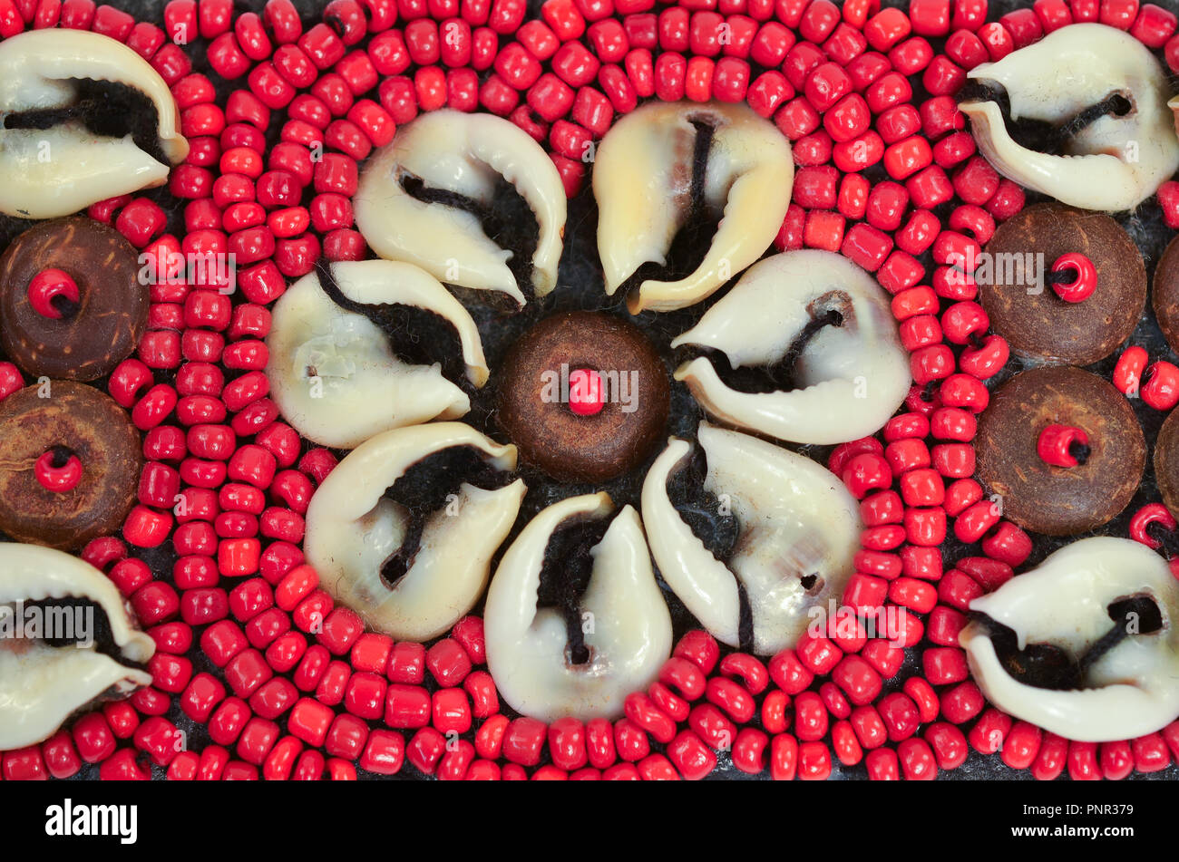 Extreme Close Up of Vintage African Bead and Shell Belt. Stock Photo