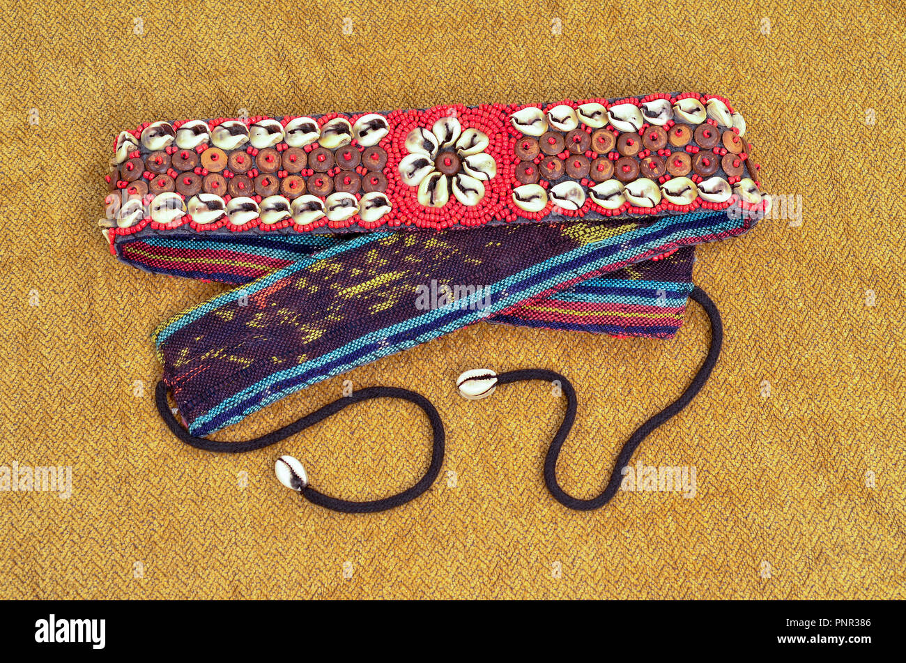 Close Up of Vintage African Bead and Shell Belt. Stock Photo