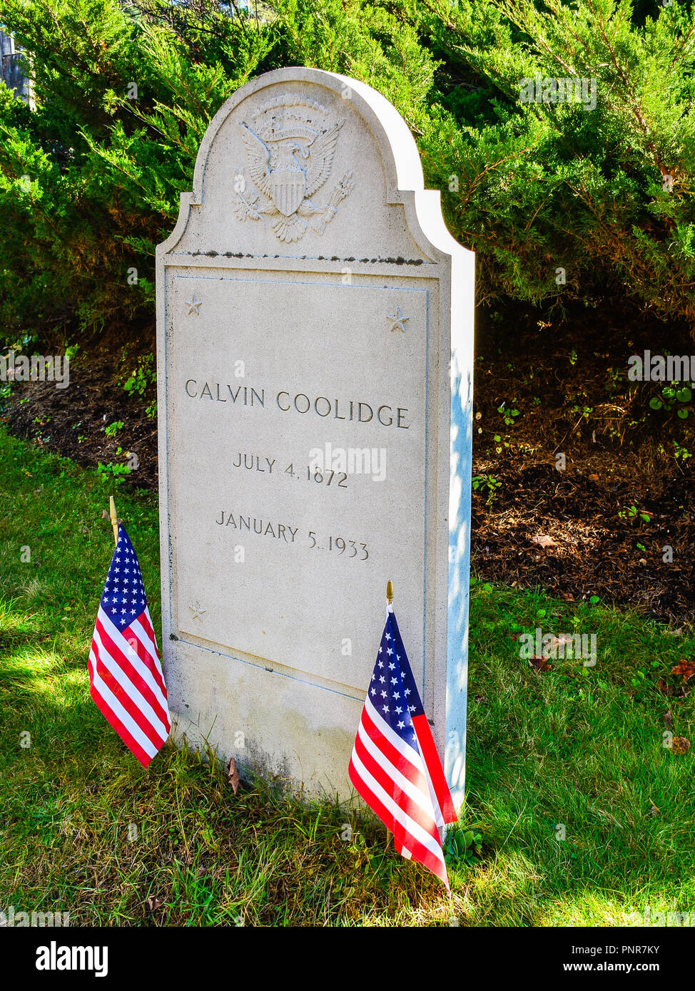 Plymouth Notch, VT, USA Headstone, Calvin Coolidge. Born on July 4