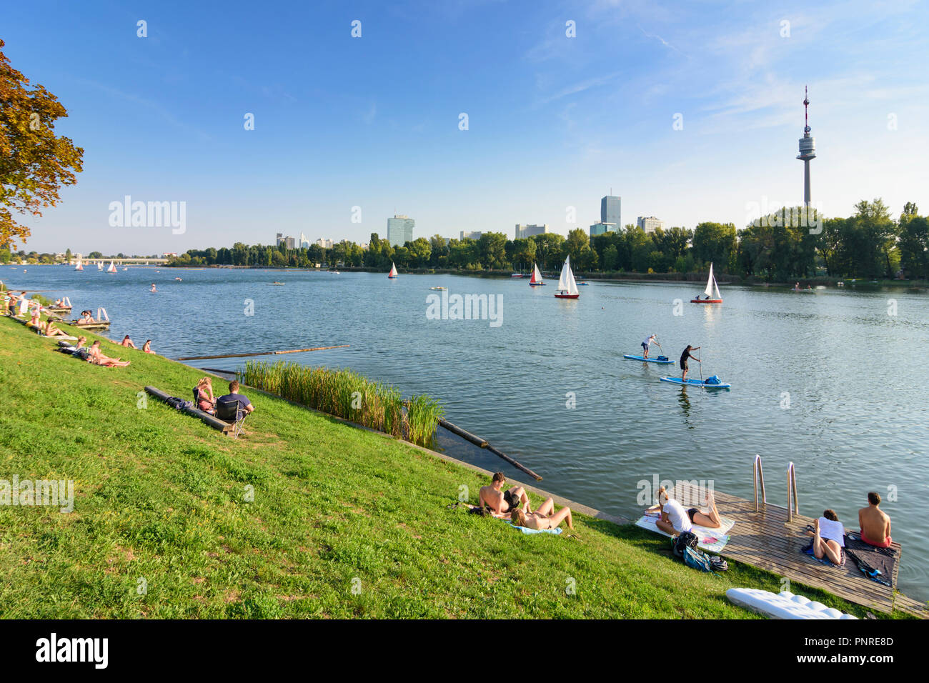 Wien, Vienna river Alte Donau (Old Danube), Donauturm (Danube Tower
