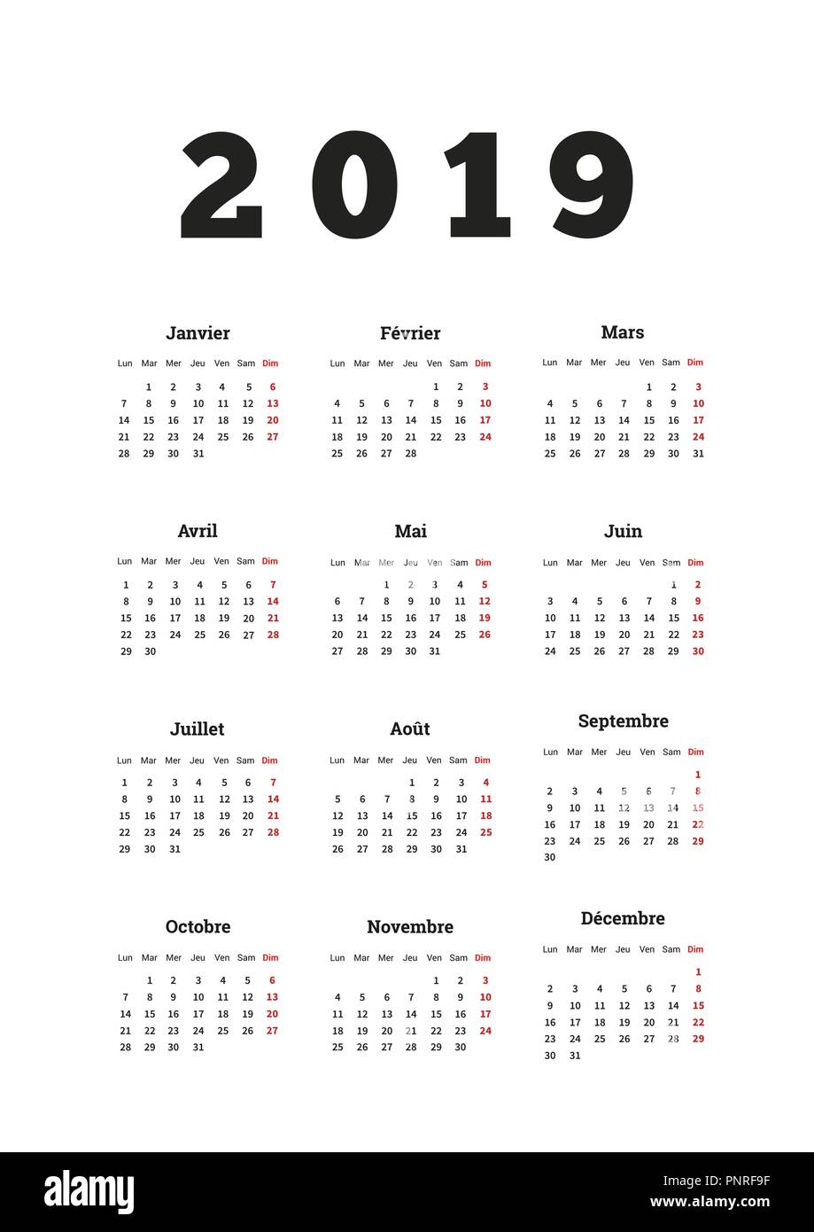 2019 year simple calendar on french language, a4 vertical sheet on white Stock Vector