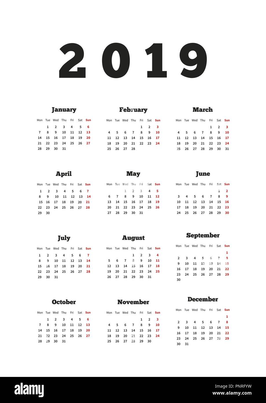 Calendar on 2019 year with week starting from monday, A4 vertical sheet on white Stock Vector