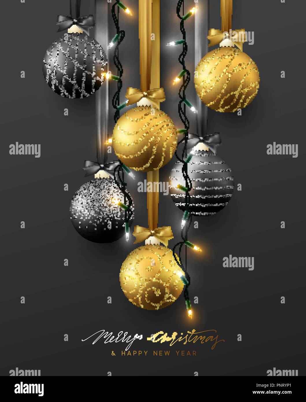Traditional Christmas Decoration Hanging On Ribbon Xmas Balls In Gold And Black Colors And Christmas Lights Garland Realistic View Of Object Isolated On Traditional Christmas Decoration Hanging On Ribbon Xmas Balls In Gold And Black Colors And Christmas Lights Garland Realistic View Of Object Isolated On