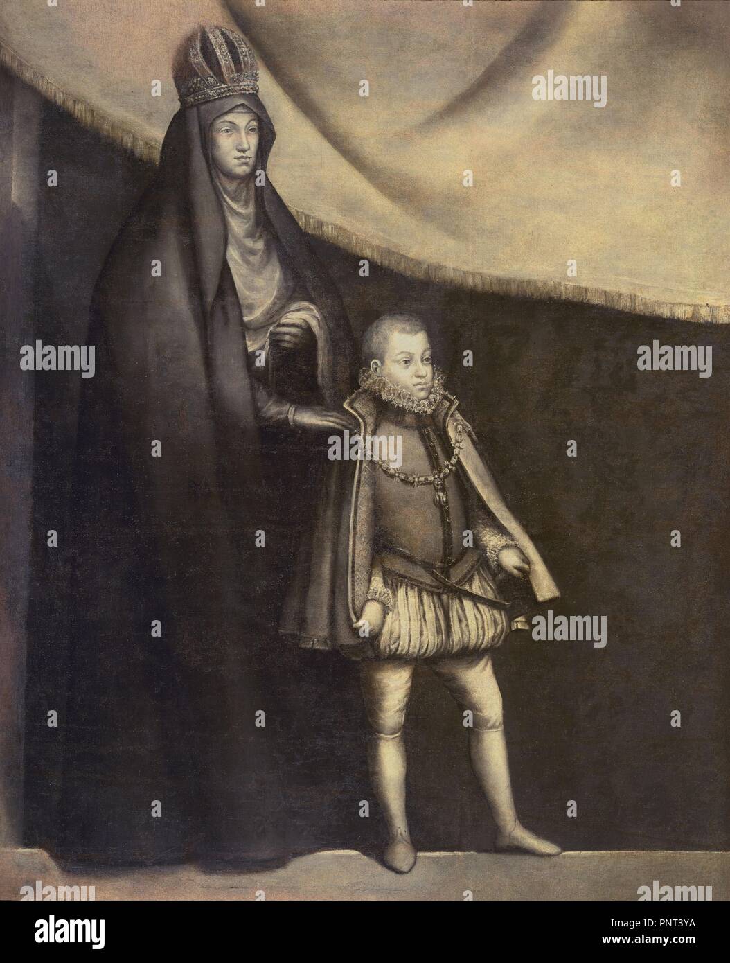 The Empress Maria and Philip III and Phillip III - ca. 1583 - 205x169 cm - oil on canvas - Spanish Renaissance. Author: PRADO, BLAS DE. Location: MUSEO HOSPITAL DE SANTA CRUZ. Toledo. SPAIN. Stock Photo