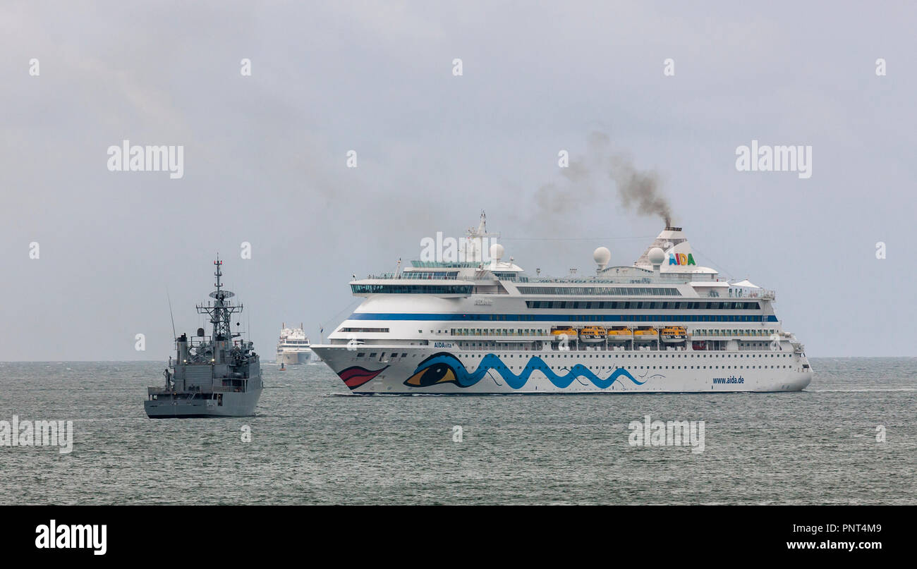 Cork, Ireland. 01st May, 2018 Cruise Liners AIDAvita and Le Soléal steam up Cork Harbour where the Irish Naval Vessel LÉ Eithne lies at anchor. Stock Photo
