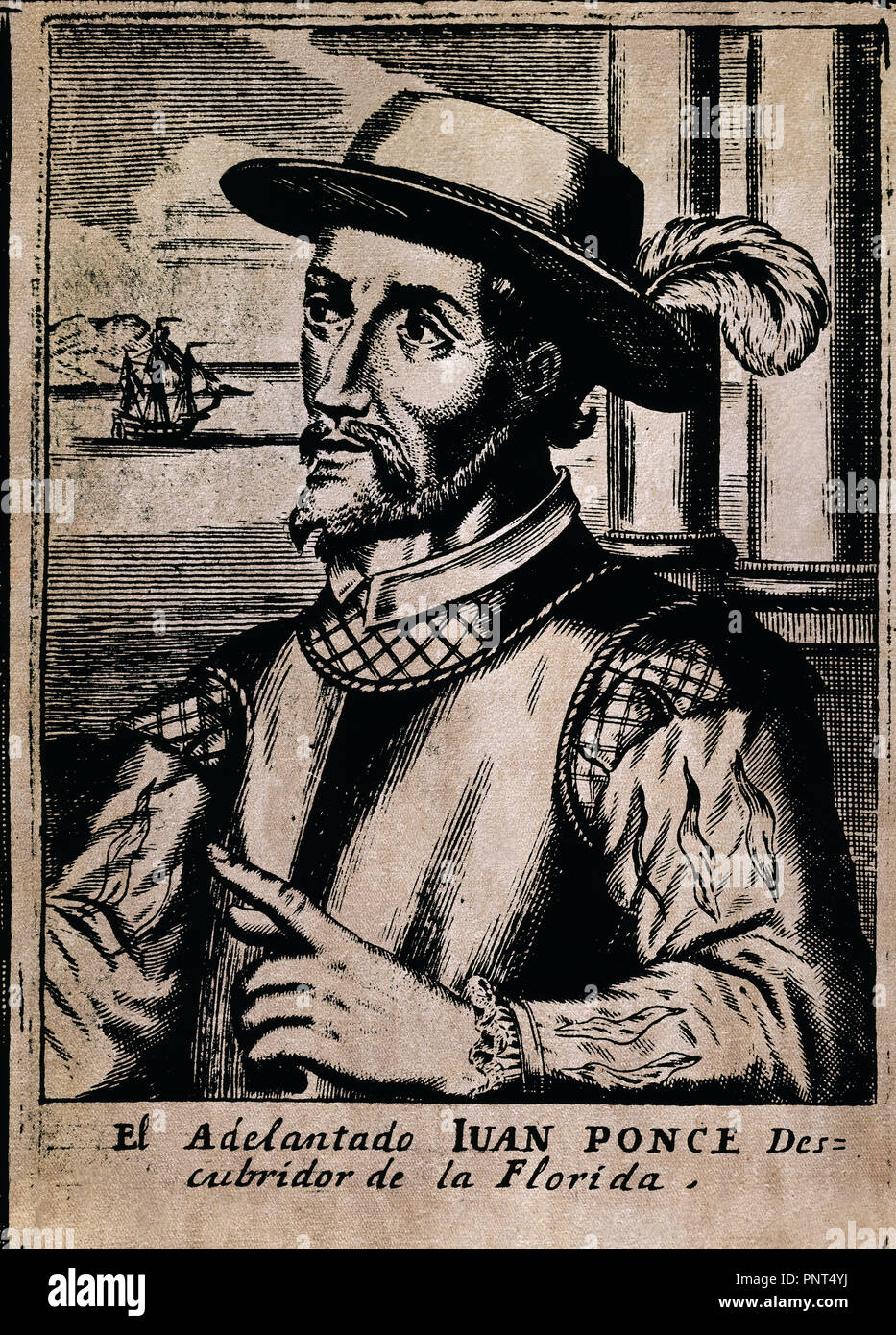 Portrait of Juan Ponce de León (1460-1521), was a Spanish conquistador and supposed to have discovered Florida.. Madrid, Institute for Latin American Cooperation. Location: INSTITUTO DE COOPERACION IBEROAMERICANA. MADRID. SPAIN. Stock Photo