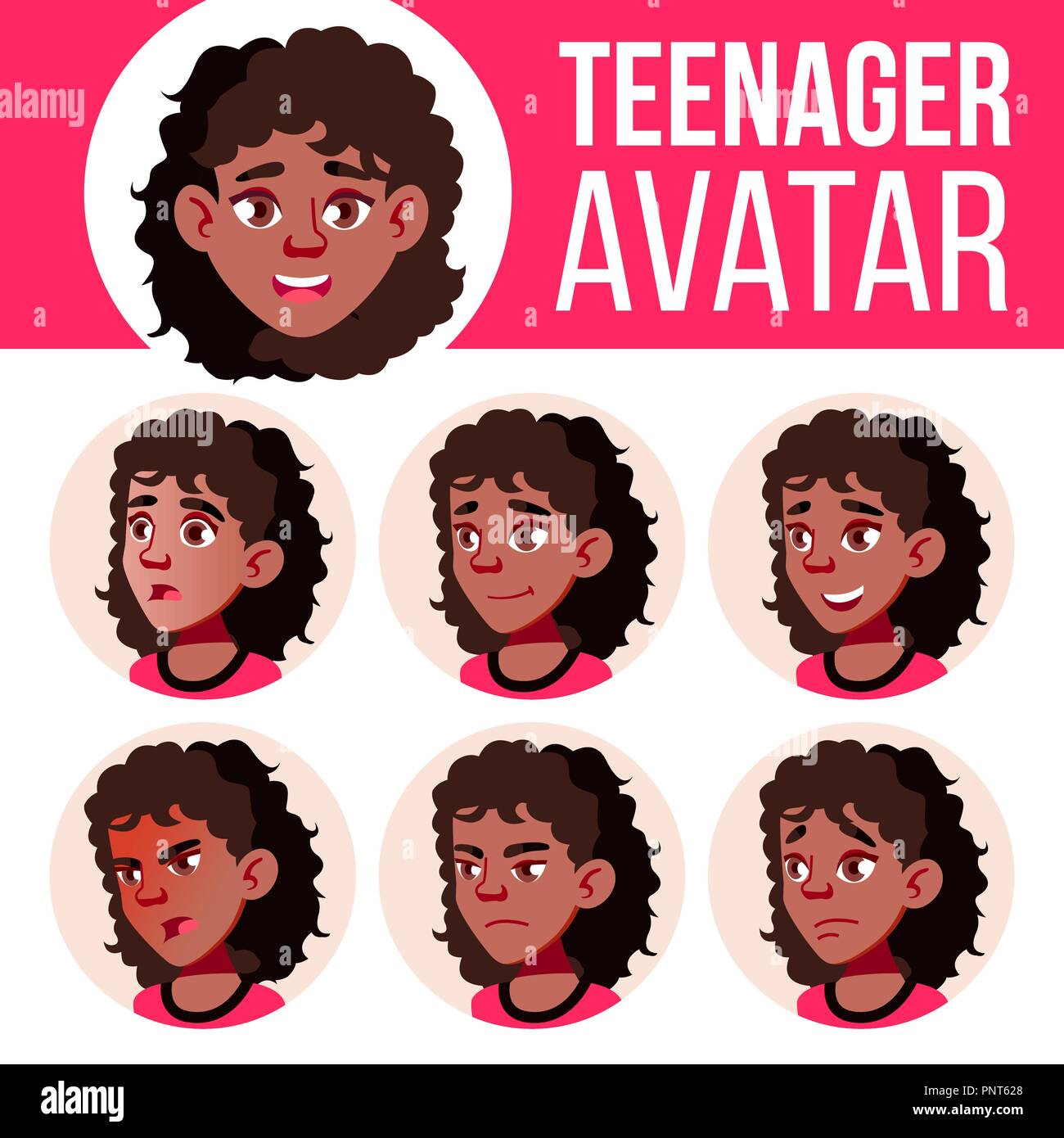 Teen Girl Avatar Set Vector. Black. Afro American. Face Emotions ...