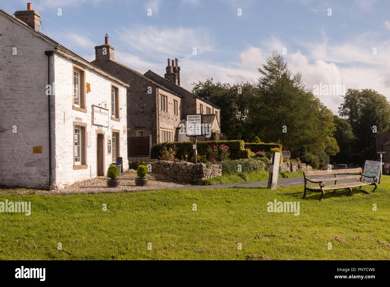 Village shop and houses at Buckden in Wharfedale, Yorkshire Stock Photo