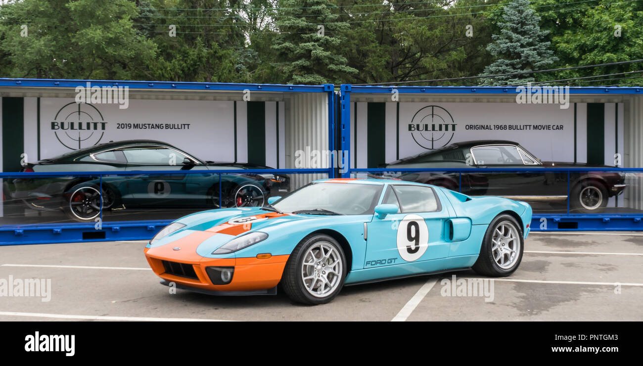 ROYAL OAK, MI/USA - AUGUST 17, 2018: A 2006 Ford GT, and the 2019 and original 1968 Ford Bullitt Mustang cars at the Woodward Dream Cruise. Stock Photo