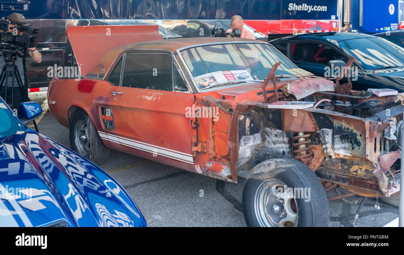 FERNDALE, MI/USA - AUGUST 18, 2018: 'Little Red', a 1967 Ford Shelby Mustang GT500 prototype car, at 'Mustang Alley', at the Woodward Dream Cruise. Stock Photo