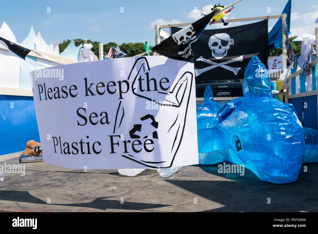 Abergele Carnival and Fate July 14th 2018 on the North Wales coast Environmental issues display float Stock Photo