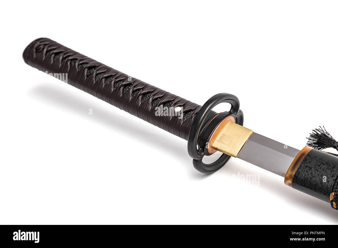 Brown leather cord tie on grip Japanese sword steel fitting and black