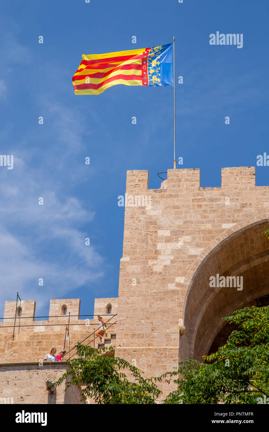 Torres de Serranos medieval city walls and gatehouse, Valencia, Valencian Community, Spain Stock Photo