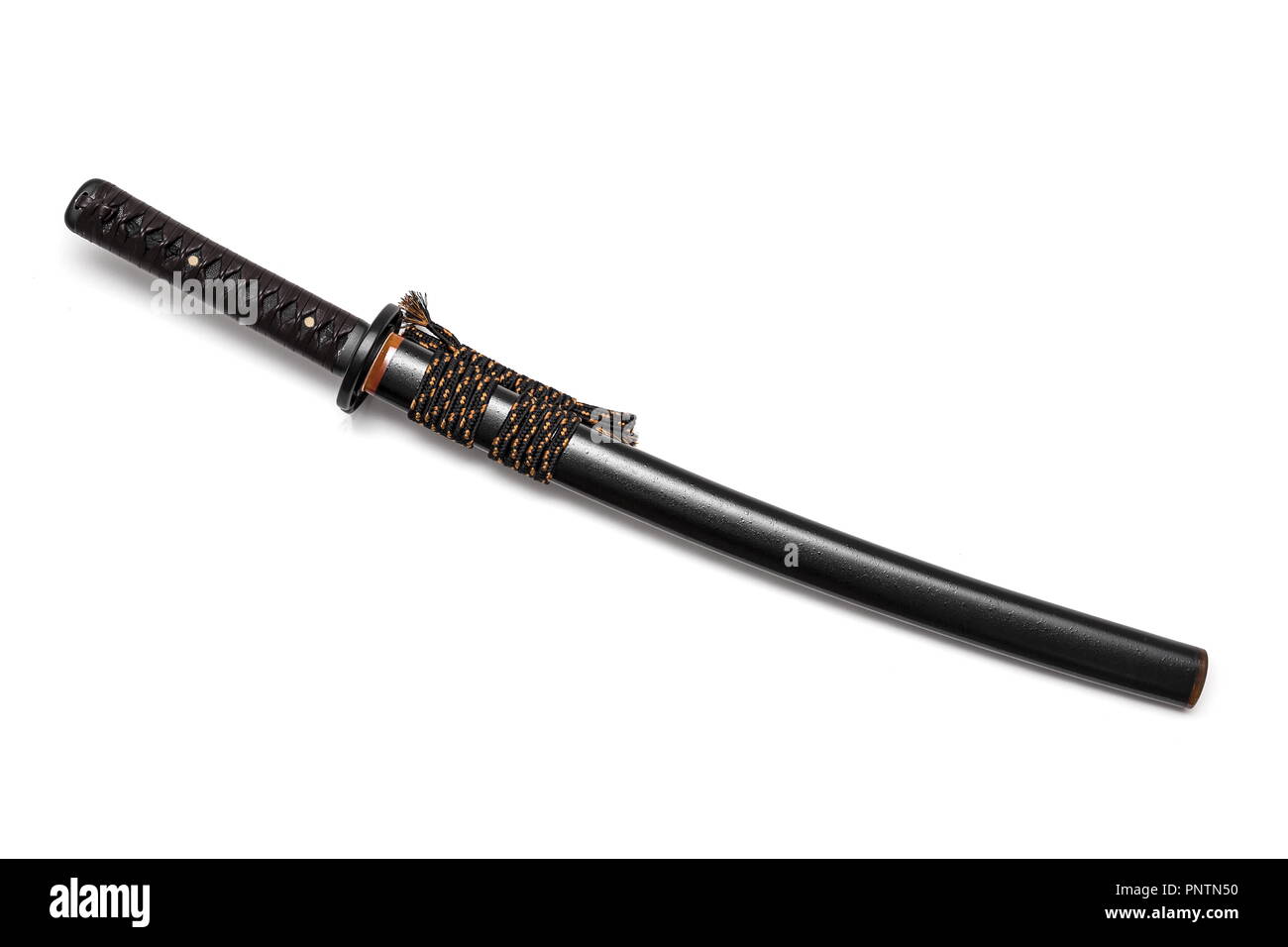 Brown leather cord tie on grip Japanese sword and black scabbard with