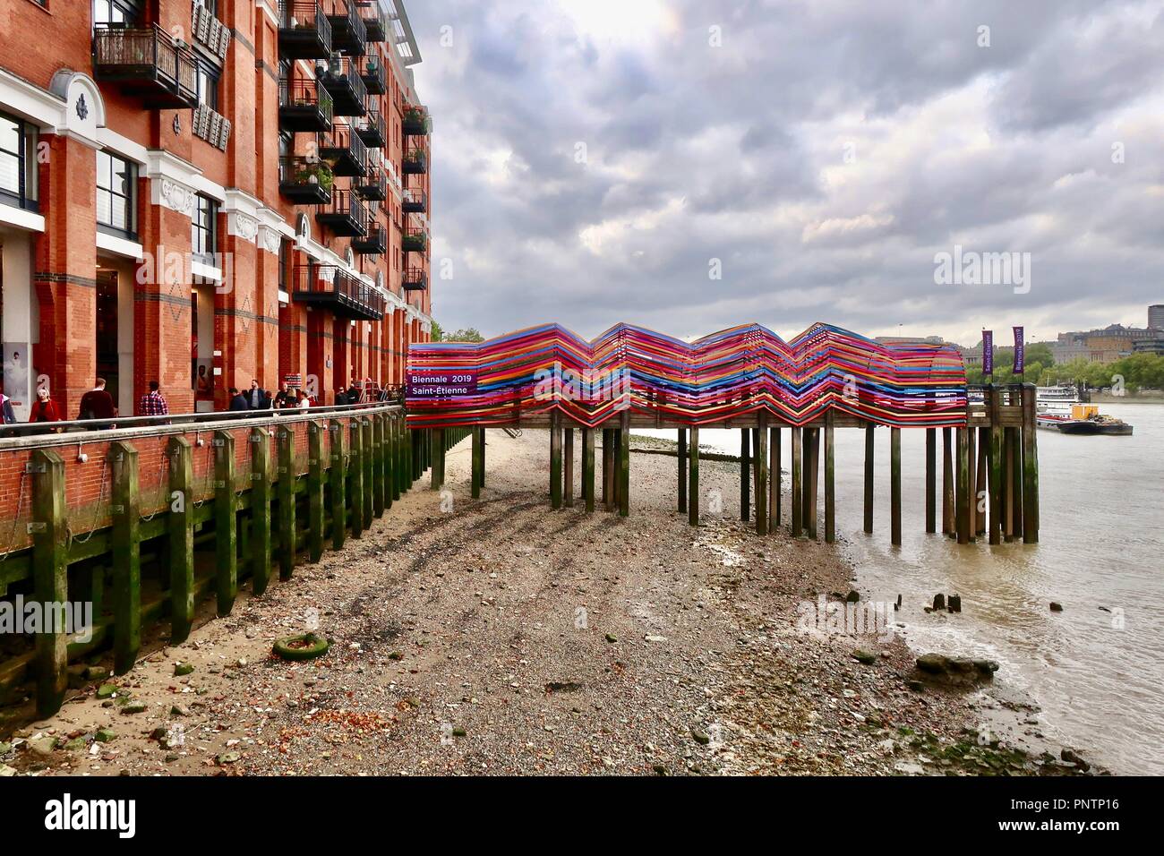 London, UK, September 2018. Art on a jetty installed for the Biennale / Design Festival. Gateway to Inclusion is by Lisa White and Francois Dumas. Stock Photo