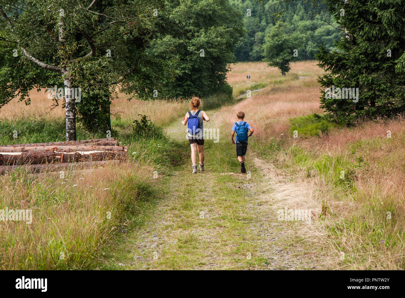 Young people on the mountain trail. Table mountains. Góry Stołowe, Poland. Stock Photo