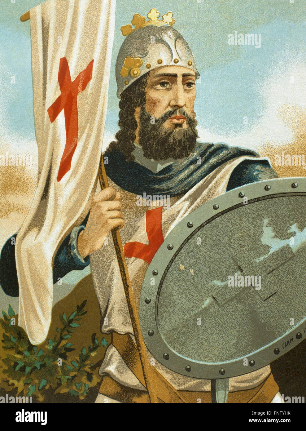 Pelagius of Asturias (c. 685-737). Visigothic nobleman founder of the Kingdom of Asturias. First king of Asturias and winner of the Battle of Covadonga against the Muslims. Portrait. Chromolithography, 1875. Stock Photo