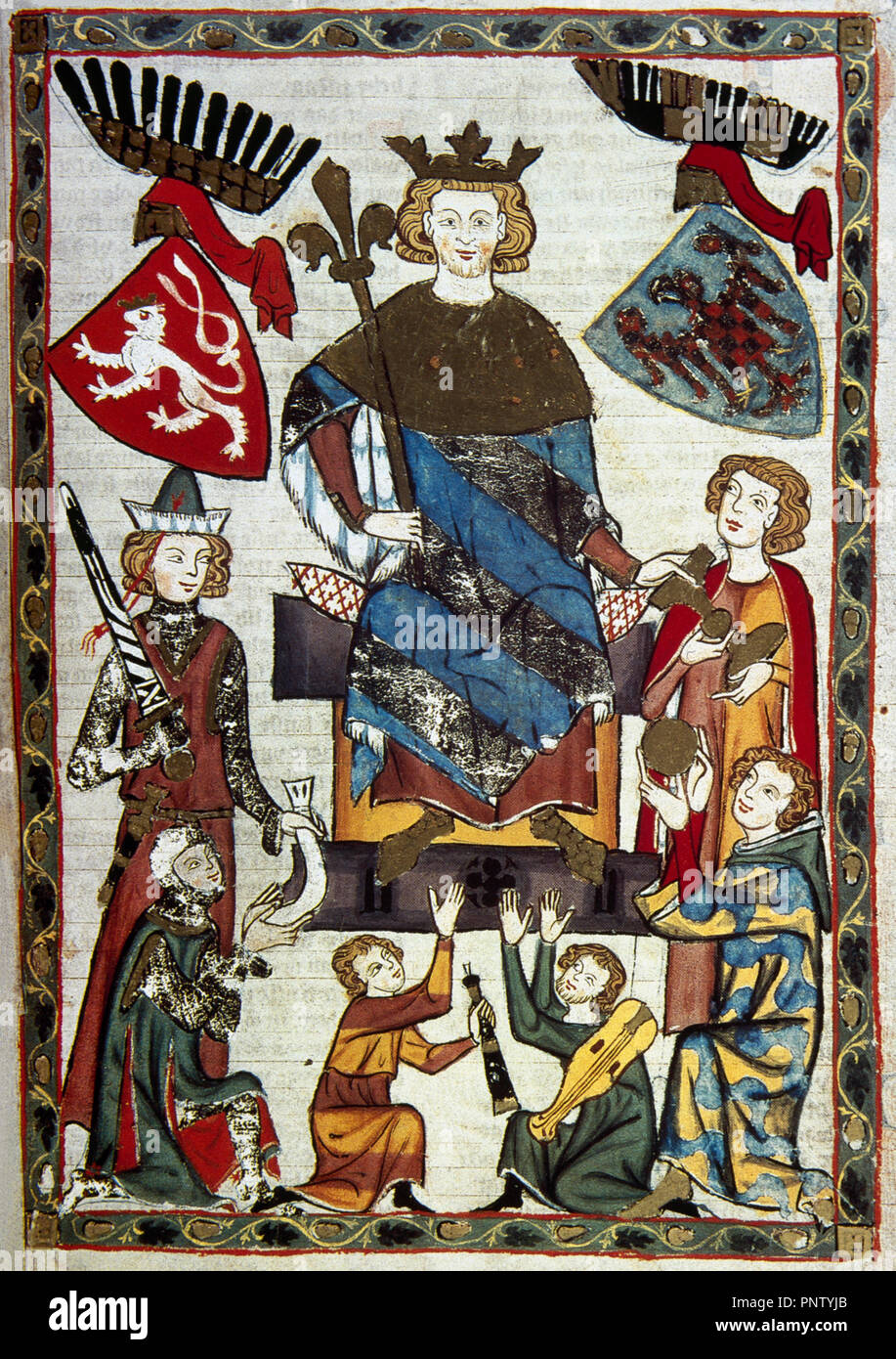 Wenceslaus II , king of Bohemia (1278-1305) and King of Poland (1300-1305). The Emperor flanked by coats of arms of Bohemia and Moravia. Fol.10r. Miniature. Codex Manesse, 1304-1340. Produced in Zurich, for Manesse family. Middle High German Minnesang poetry. Heidelberg University, Germany. Stock Photo