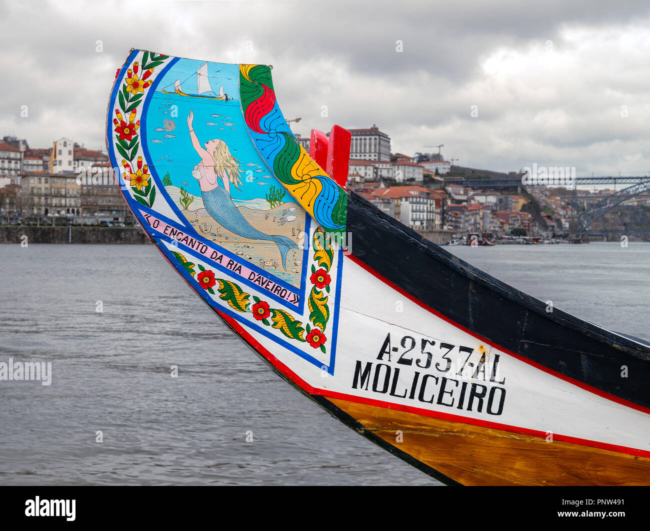 Prow of a colourful boat on the River Douro, Vila Nova de Gaia, Porto, Portugal Stock Photo