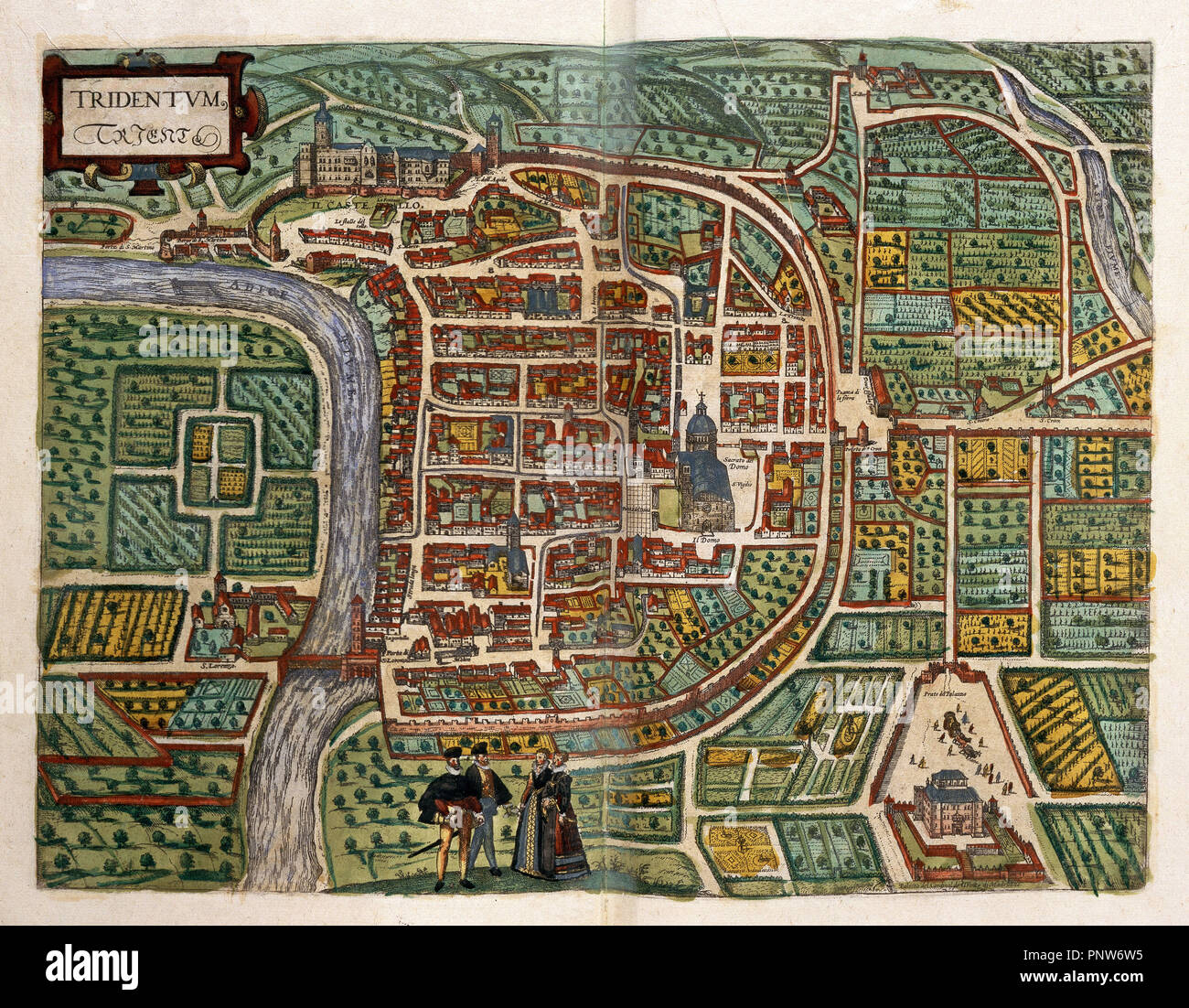 Civitates Orbis Terrarum - View over the city of Trento, Italy. 16th century - 17th century. Madrid, Library of the San Lorenzo del Escorial monastery. Author: BRAUN GEORG 1541-1622 / HOGENBERG FRANS. Location: MONASTERIO-BIBLIOTECA-COLECCION. SAN LORENZO DEL ESCORIAL. MADRID. SPAIN. Stock Photo
