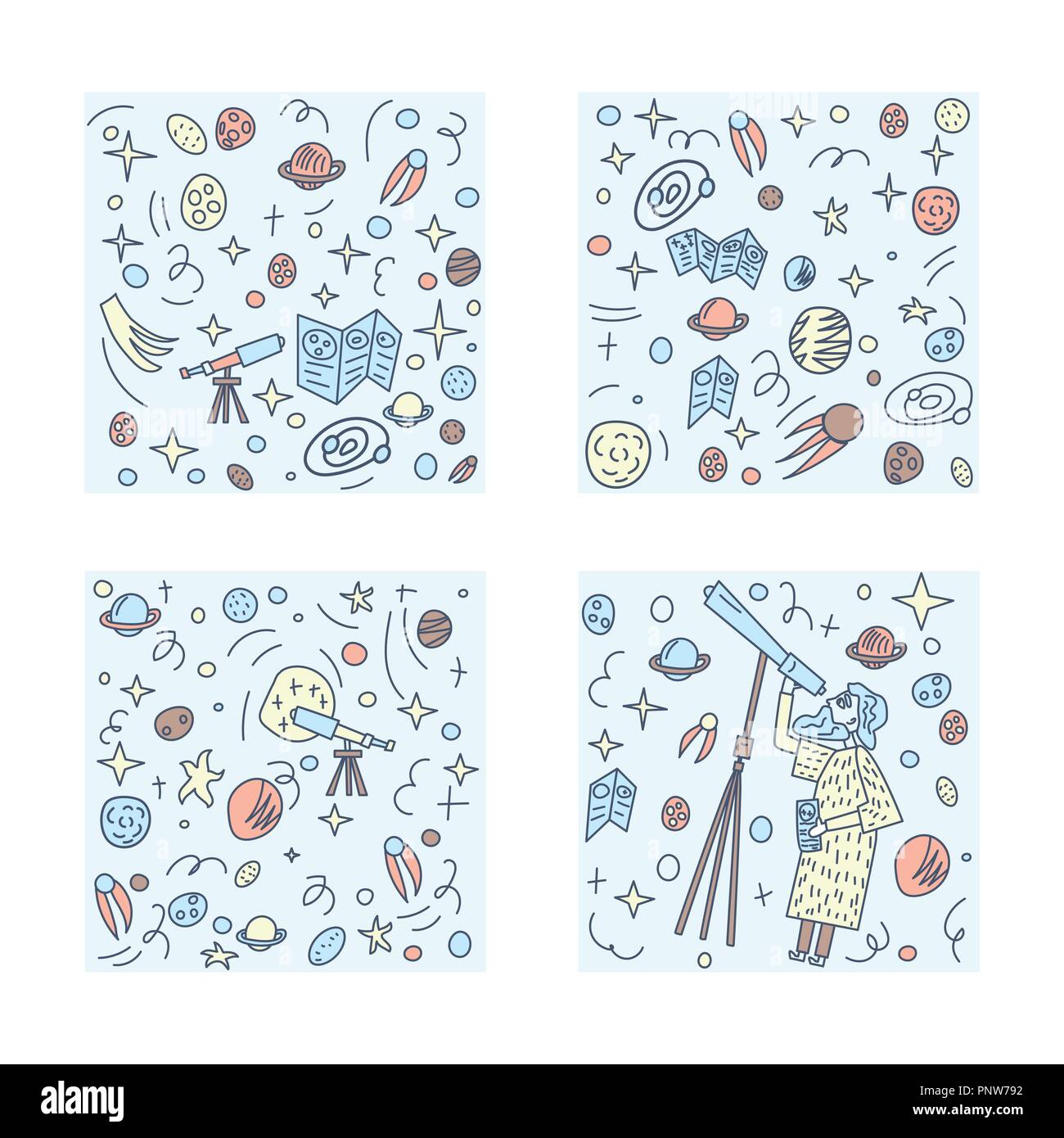 Vector design of astronomer and astronomic objects. Stock Vector
