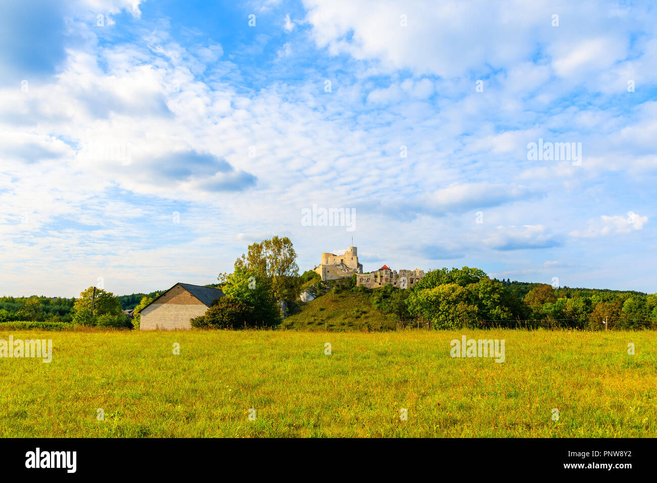 View of beautiful medieval Rabsztyn castle at sunset time, Poland Stock Photo