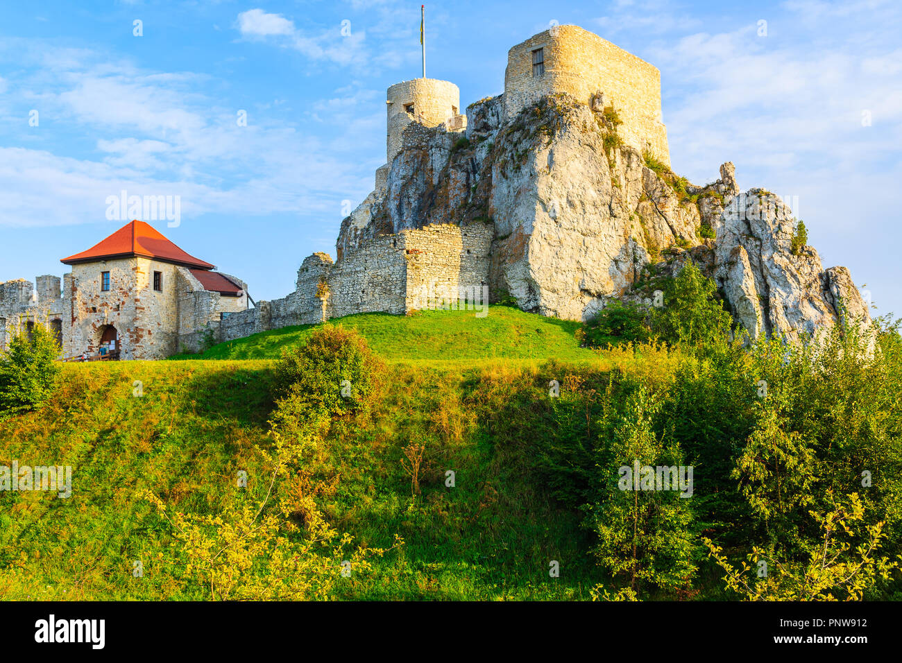 View of beautiful medieval Rabsztyn castle at sunset time, Poland Stock Photo
