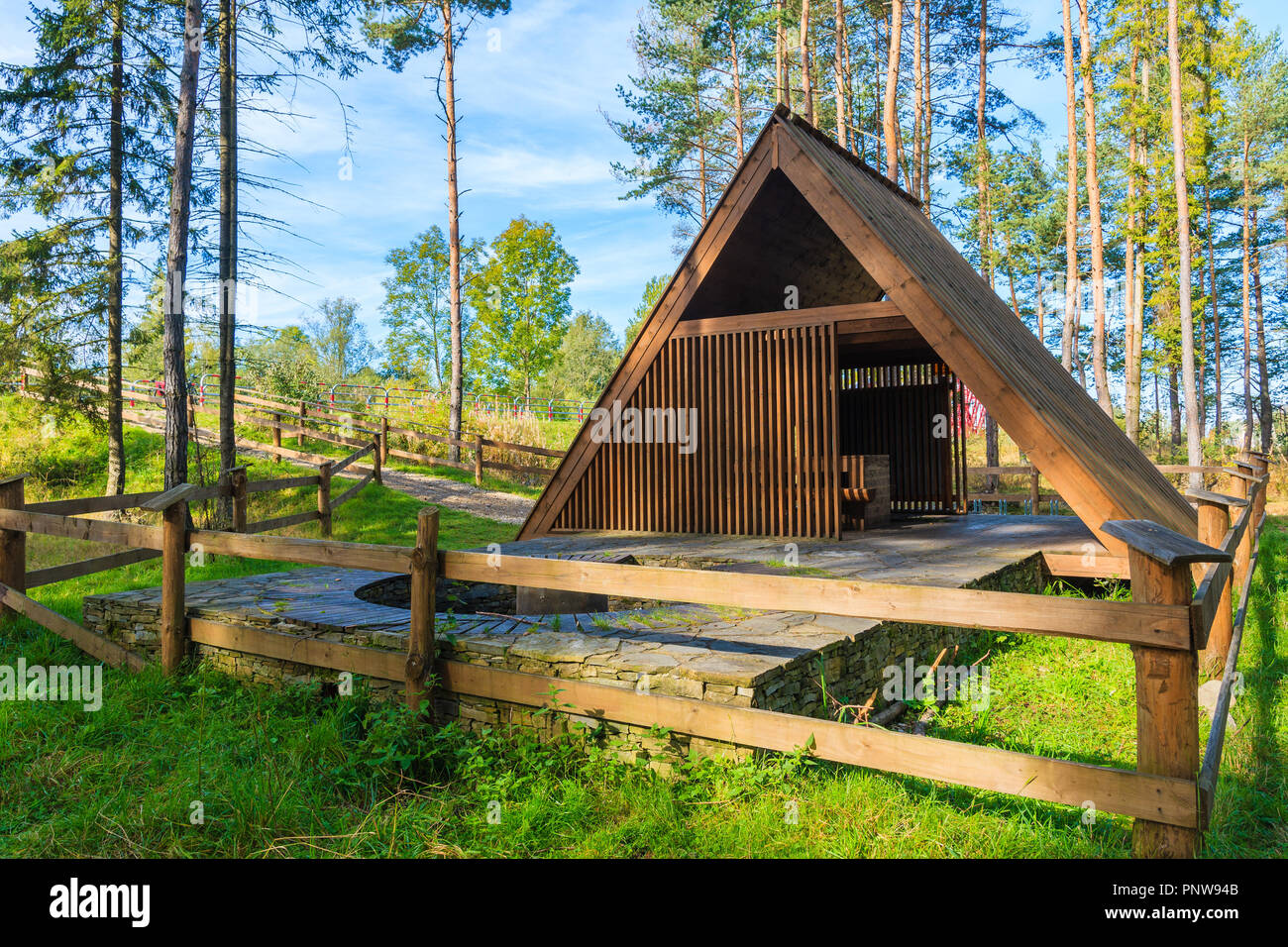 Wooden hut for cyclists on track around Tatra Mountains, Czarny Dunajec village, Poland Stock Photo