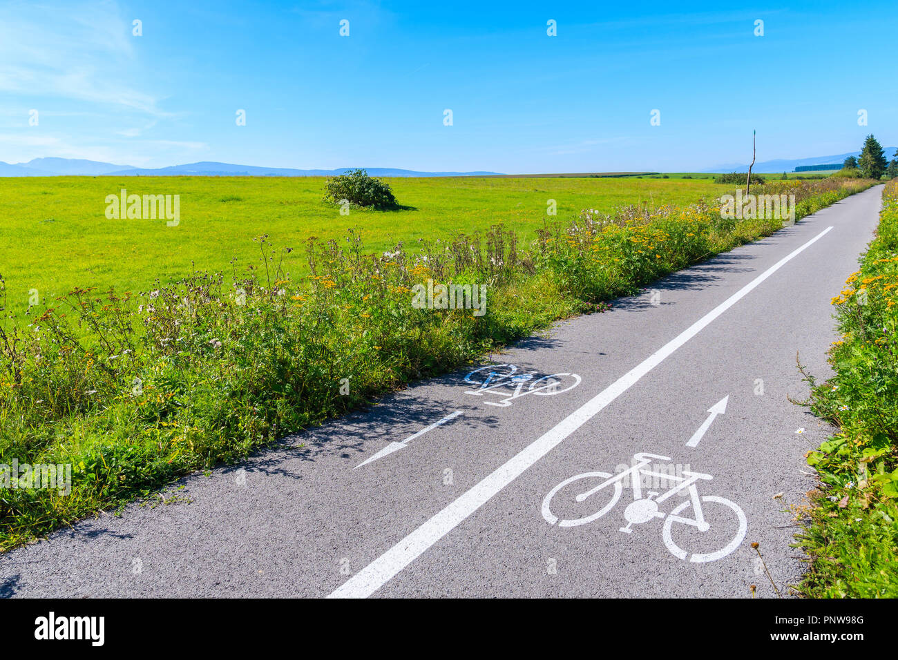 Cycling track in beautiful summer landscape of Tatry Mountains near Czarny Dunajec, Poland Stock Photo