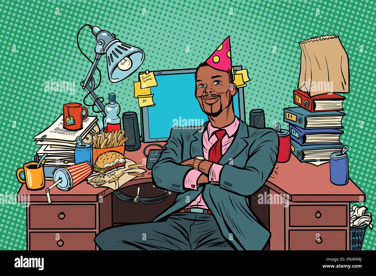 African businessman birthday, working place. Pop art retro vector illustration vintage kitsch Stock Vector