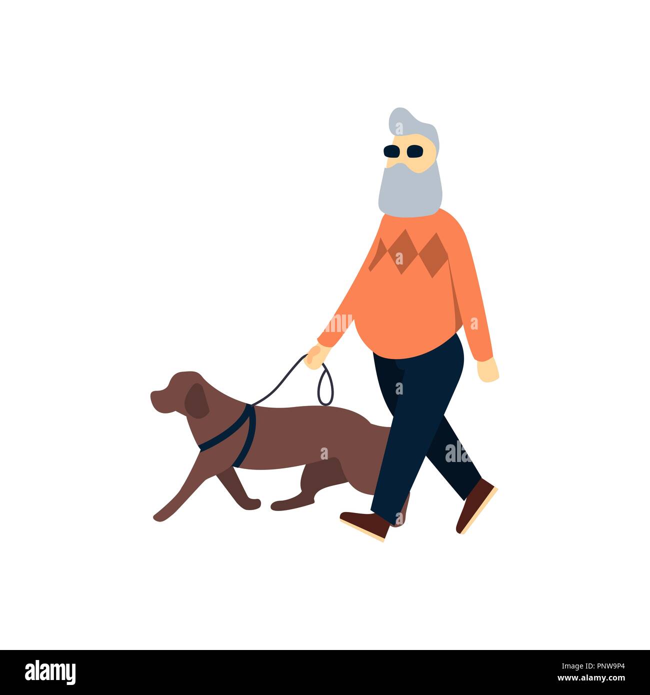 Blind senior with guide dog. Old man impaired vision. Elderly person with blindness on walk. Stock Vector