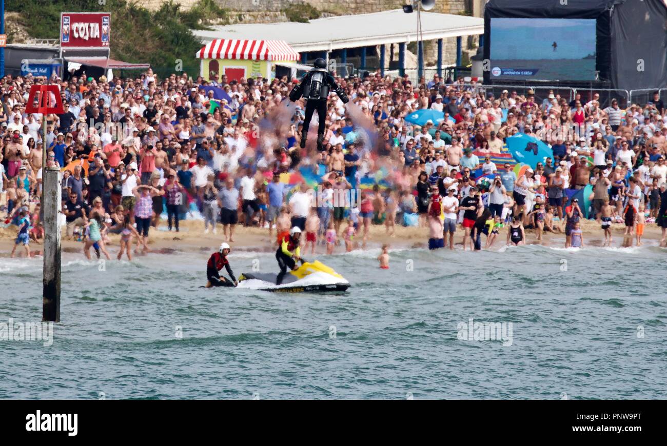 Gravity Industries displaying it’s jet power human flight suit in the first public display in the U.K in front of spectators on Bournemouth seafront Stock Photo