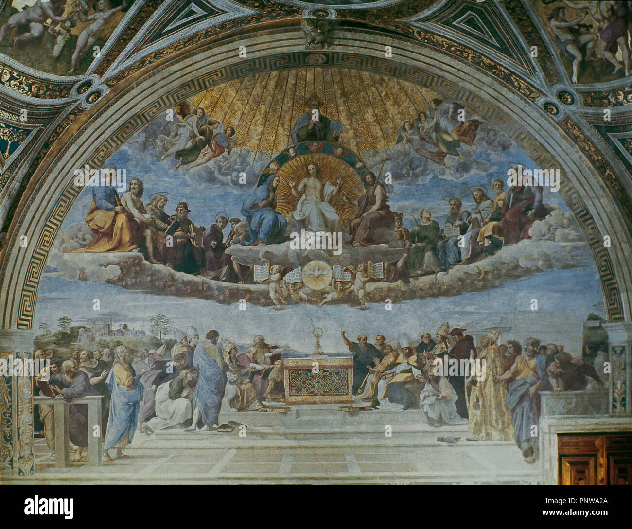 Disputa, from the Stanza della Segnatura - 1509 - fresco. Author: RAPHAEL. Location: MUSEOS VATICANOS-ESTANCIA DEL SELLO. VATICANO. Stock Photo