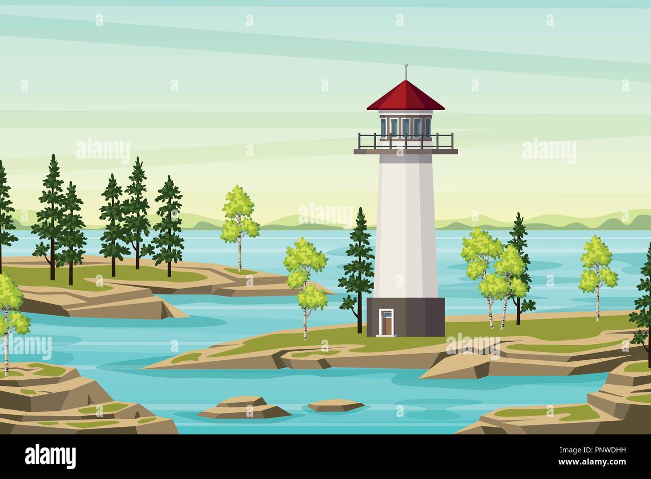 Summer landscape with lighthouse, trees and water Stock Vector