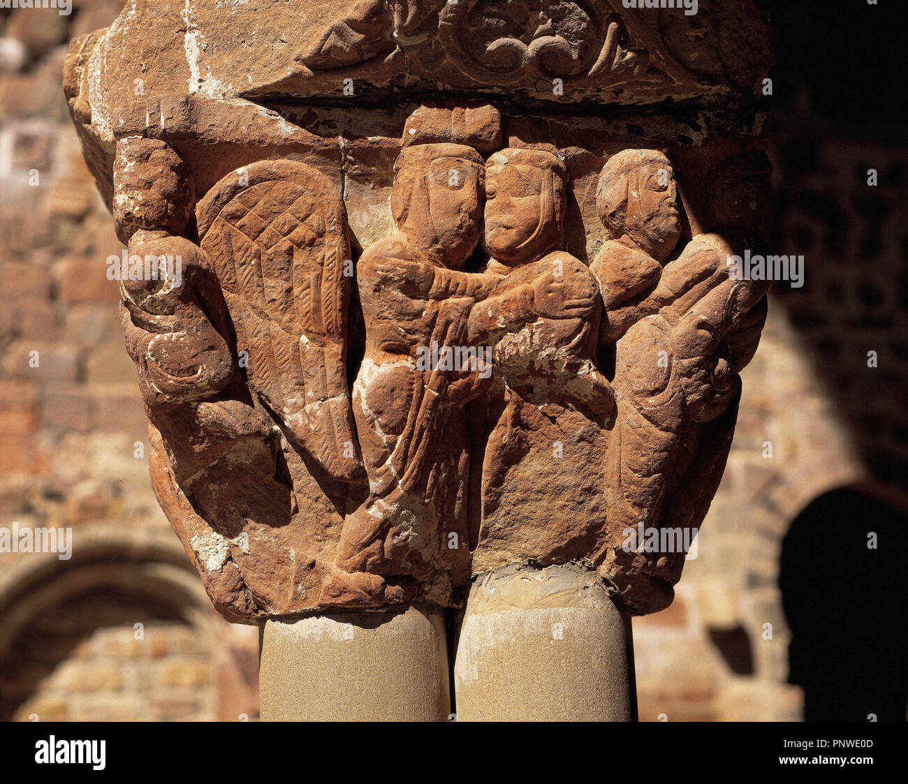 Monastery of San Juan de la Pena. Relief of a capital depicting The Visitation. Romanesque Cloister. Aragon. Spain. Stock Photo