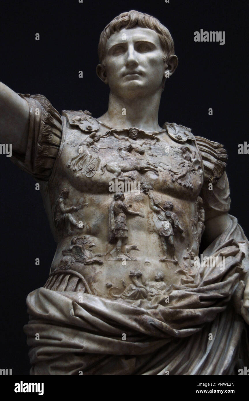 Augustus, (63 B.C.-14 D.C.). First emperor of the Roman Empire. Augustus of Prima Porta. White marble statue. 1st century. Detail with the breastplate carved in relief depicting the return of the Roman legionary eagles lost to Parthis by Mark Anthony (40s B.C.) and by Crassus (53 B.C.). Braccio Nuovo. Chiaramonti Museum. Vatican Museum. Vatican City. Stock Photo
