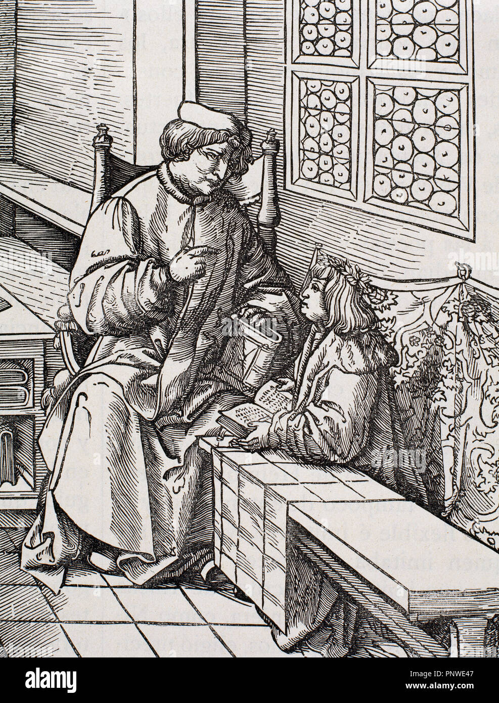 Maximilian I (1459-1519). Holy Roman Emperor (1443-1519). Copy of a woodcut by John Burgkmair, representing Maximilian child in class. Illustration Weisskuning history. Engraving. Stock Photo