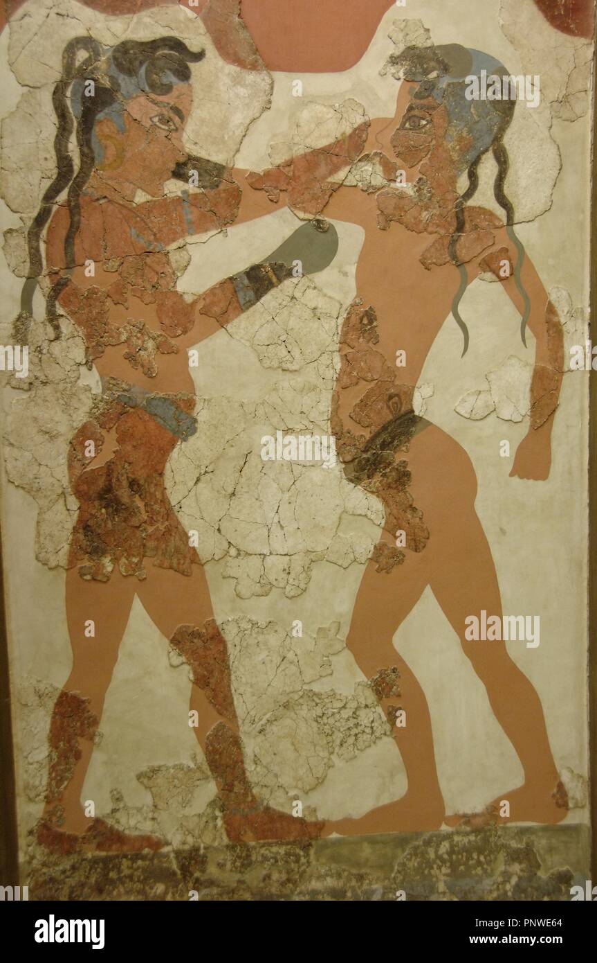Minoan art. Greece. 16th century B.C. Fresco of boxing kids. Fight between two teens provided with gloves and a belt. Painted stucco. Room B1 from Akrotiri (Thera). (1550-1500 BC). National Archaeological Museum. Athens. Greece. Stock Photo