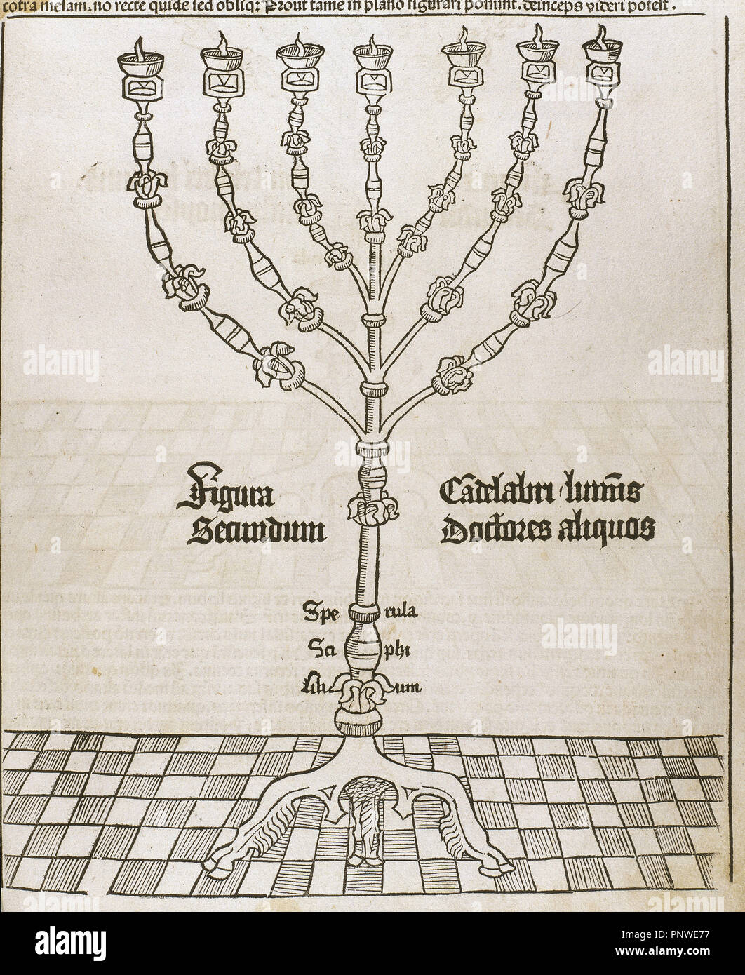 Seven-branched candelabrum or menorah. 16 th century engraving. Stock Photo