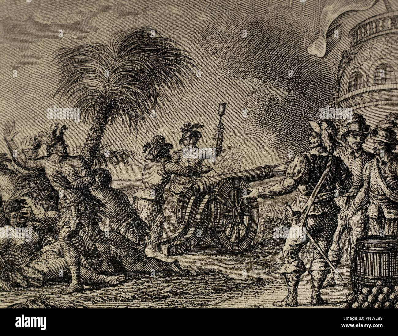 Tierra del Fuego. The ruler of the natives of the Hornos island, along with the Dutch Willem Cornelisz Schouten and Jacob Le Maire, is surprised by the firing of a cannon. Engraving, 1807. Stock Photo