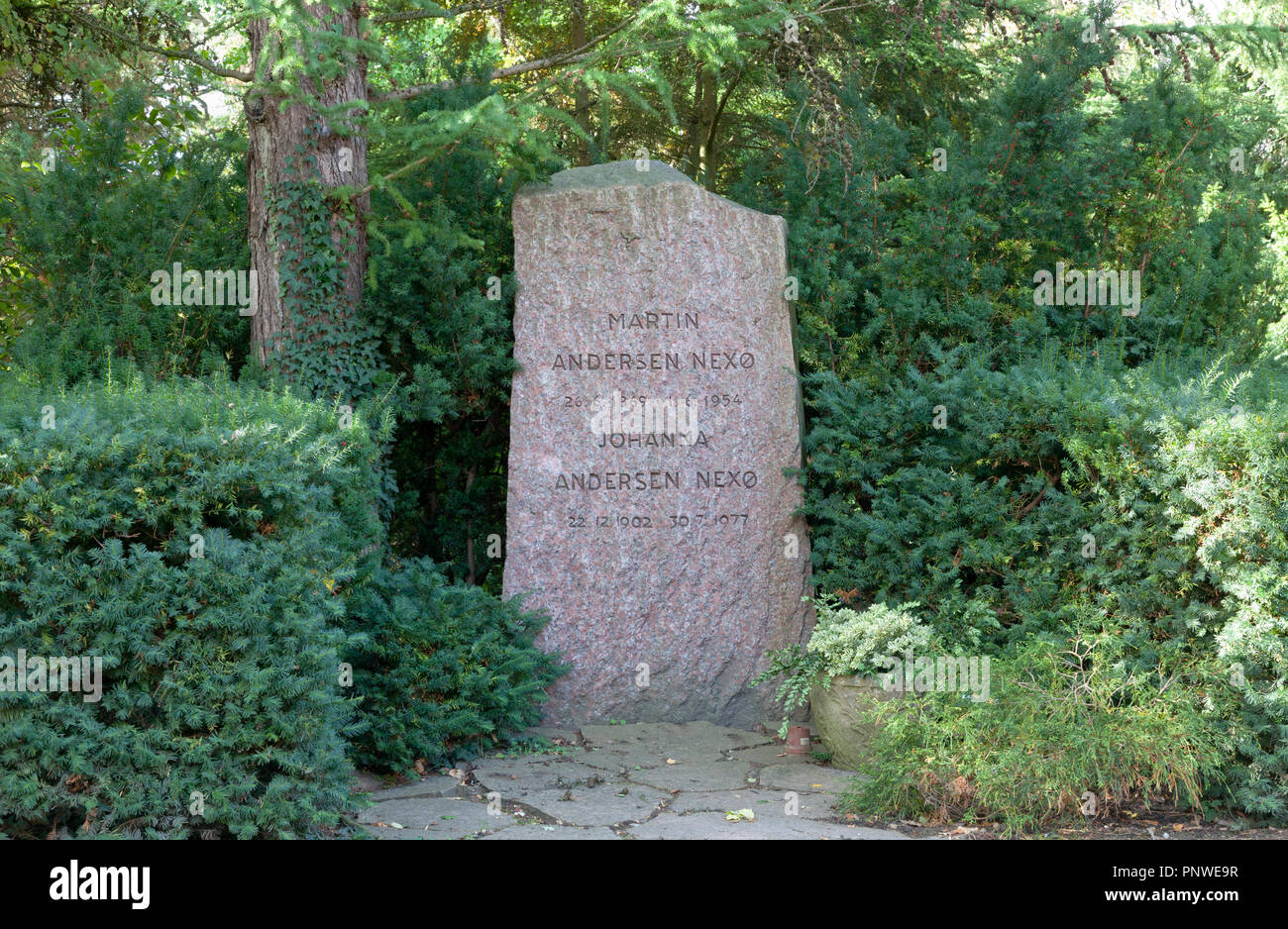 The grave of the famous Danish writer and first Danish socialist writer Martin Andersen Nexø in the Assistens Cemetery in Copenhagen, Denmark. Nexoe. Stock Photo