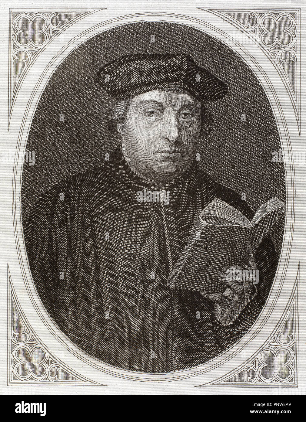 Martin Luther, (Eisleben, 1483, Eisleben, 1546). German reformer. Doctor of Theology and Augustinian priest. In 1517, outlined the main thesis of Lutheranism in Wittenberg. He was excommunicated in 1520. Engraving by J. Bastinos in 'The Religious Revolution' (1880). Stock Photo