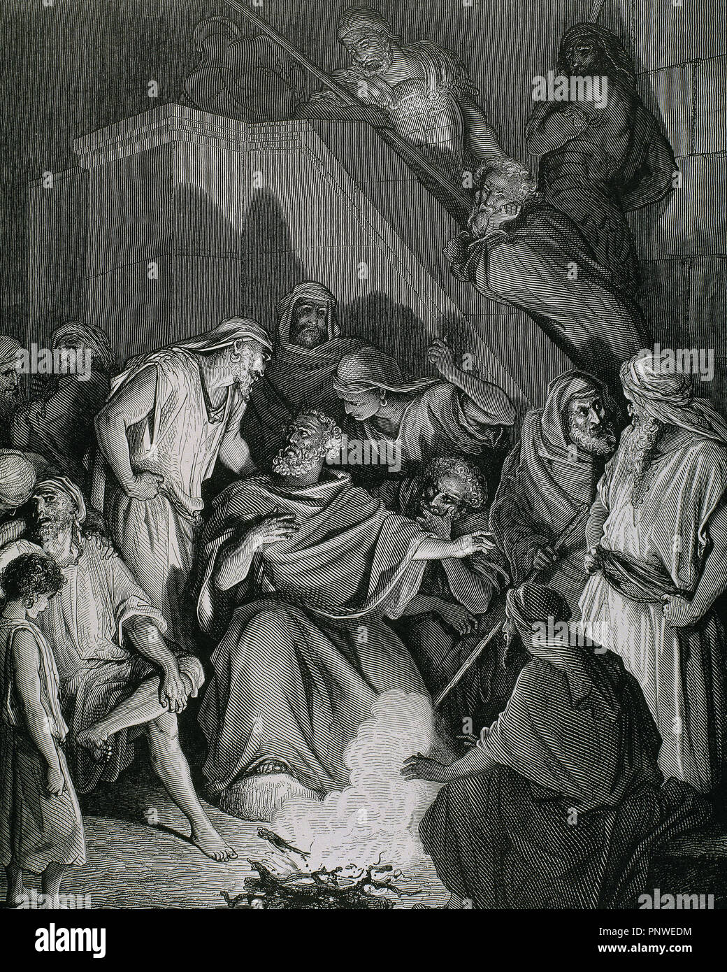 Saint. Peter (c. 1 B.C.-67 A.C). Apostle of Jesus Christ and first Pope of the Catholic Church. St. Peter's denials. (Matthew, Chapter XXVI, Verses 69 to 75). G. Dore drawing and engraving by Pannemaker. Stock Photo