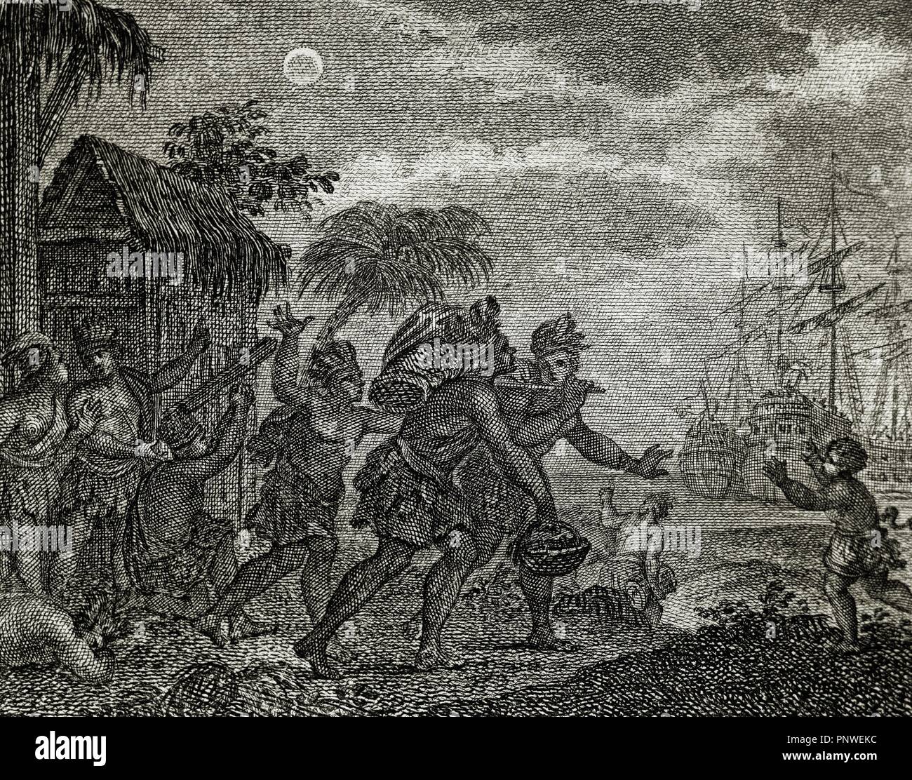 Jamaica. 15th century. Second Voyage of Columbus. Jamaicans refuse to give food to Columbus and he, knowing that there will be a lunar eclipse, tells them that God will deny the light. When the eclipse took place, fearful natives, provide abundant provisions to Columbus. The Truthful History of Conquest of New Spain by Bernal Diaz del Castillo. Engraving, 1807. Stock Photo